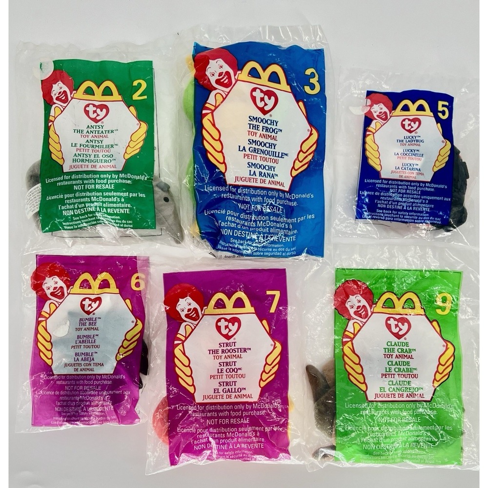 1999 McDonald's Teenie Beanie Babies Set of 6 Vtg SEALED in Plastic 2,3,5,6,7,9